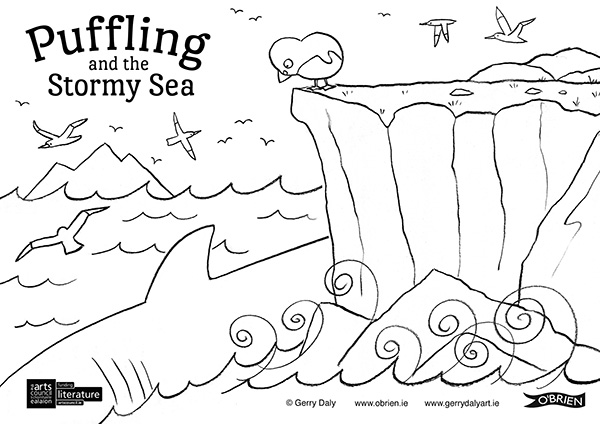 Puffling and the Stormy Sea colour in PDF of Puffling looking down from a cliff at the great big fish in the sea