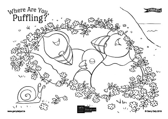 Where are you Puffling colouring in PDF of Puffin family in burrow