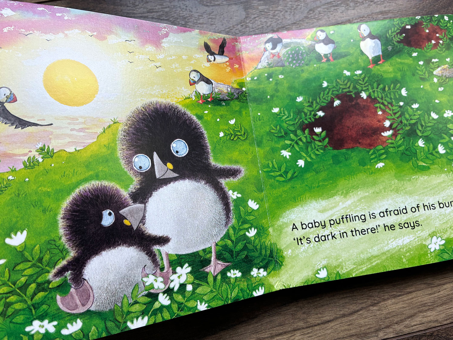It's Too Dark, Puffling board book Puffling and the little puffling are beside a burrow